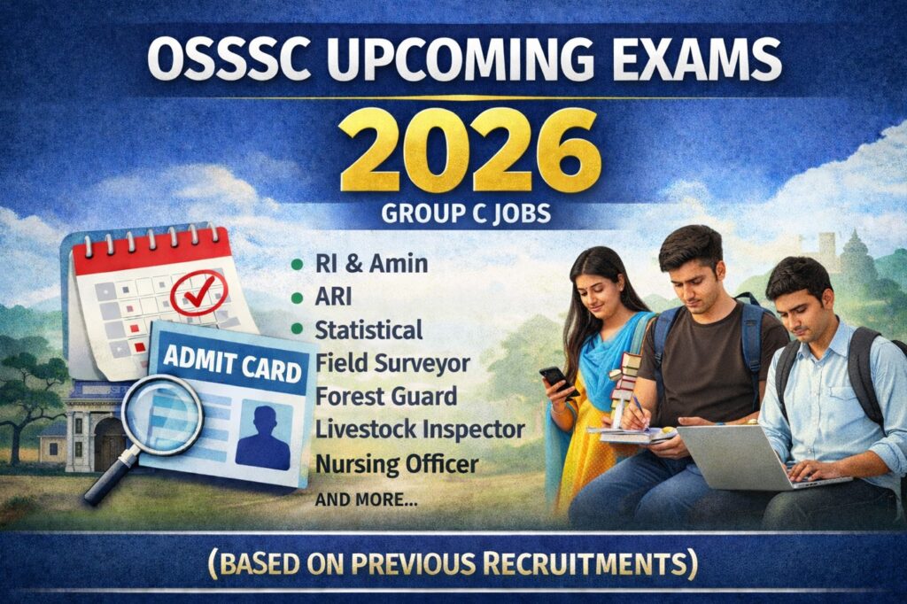 OSSSC upcoming exams 2026 for Group C jobs including RI, Amin, Forest Guard, VAW, ICDS Supervisor, Livestock Inspector and Nursing Officer