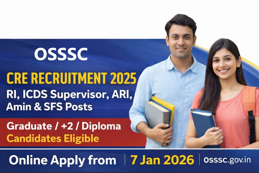 OSSSC CRE Recruitment 2025 apply online for RI, ICDS Supervisor, ARI, Amin and SFS posts – Graduate, +2 and Diploma candidates eligible