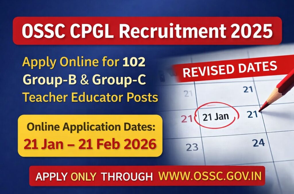 OSSC CPGL Recruitment 2025 revised online application dates for 102 Group B and Group C Teacher Educator posts