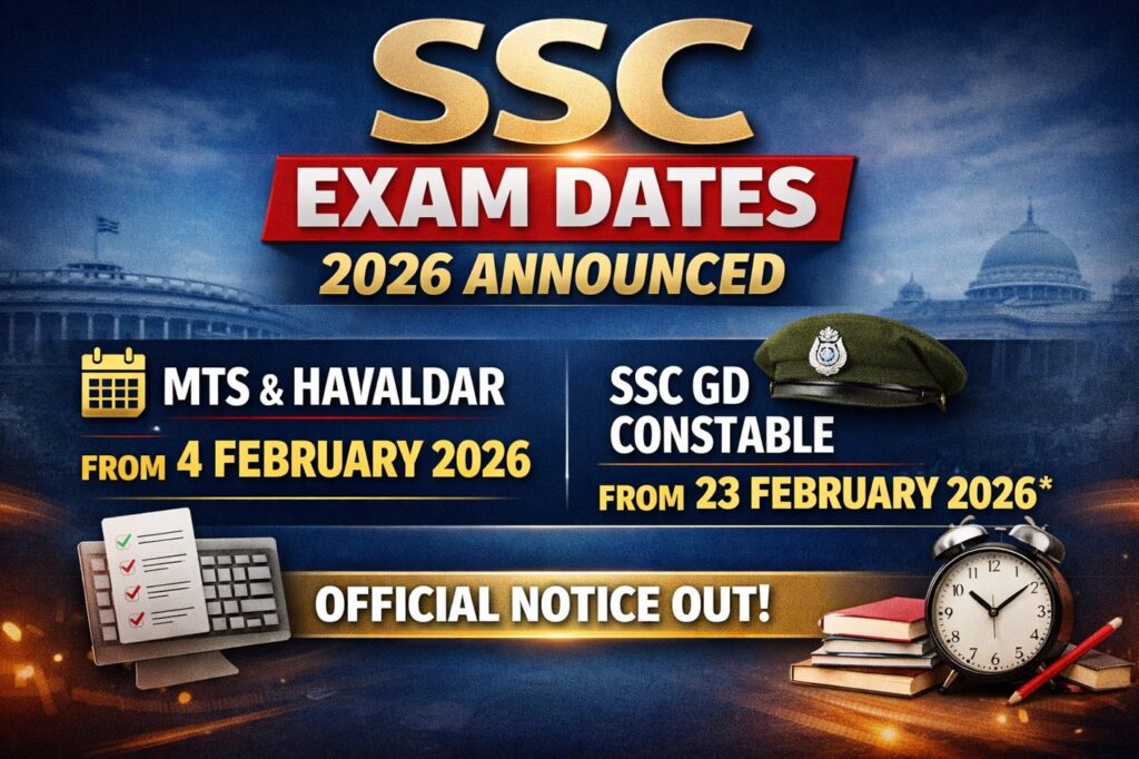 SSC Exam Dates 2026 announced for MTS and Havaldar from 4 February and SSC GD Constable from 23 February as per official SSC notice
