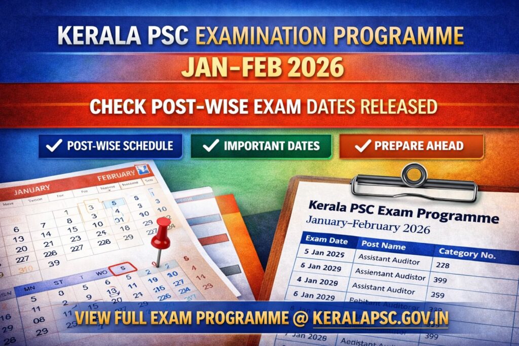 Kerala PSC examination programme January February 2026 post wise exam dates