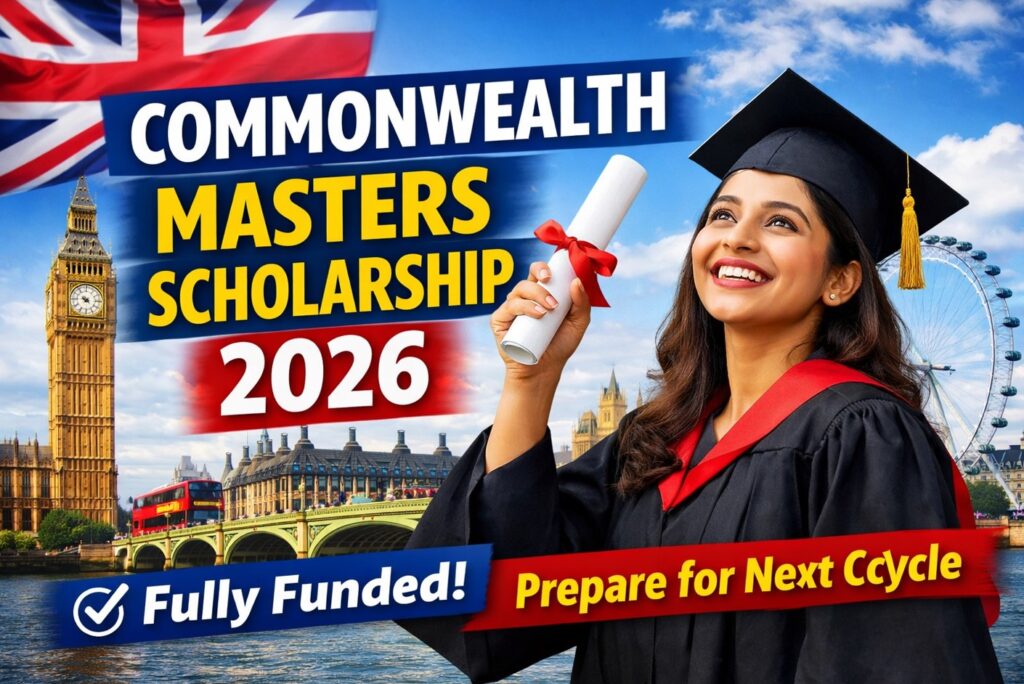 Commonwealth Masters Scholarship 2026 guide showing eligibility, benefits and UK study opportunity for Indian students