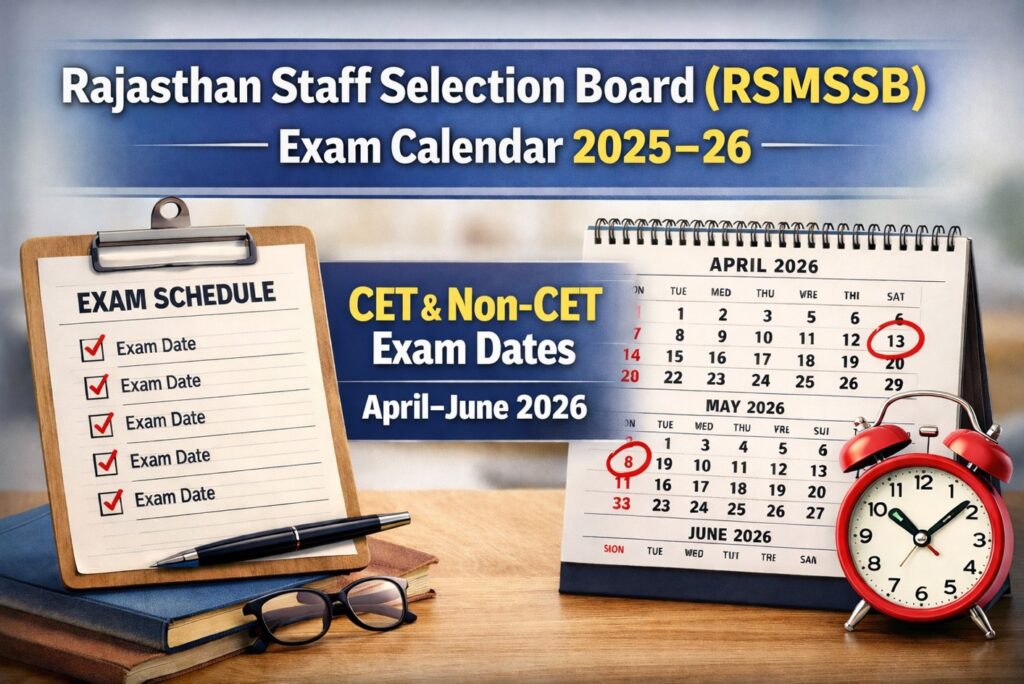 Rajasthan Staff Selection Board RSMSSB Exam Calendar 2025-26 with CET and Non-CET exam dates from April to June 2026