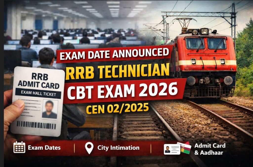 RRB Technician CBT Exam Date 2026 announced for CEN 02/2025 showing exam hall, admit card and railway train