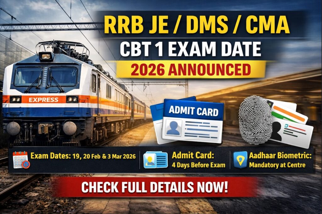 RRB JE CBT 1 Exam Date 2026 announced for CEN 05/2025 JE DMS CMA recruitment