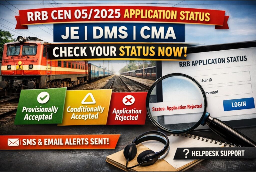 RRB CEN 05/2025 application status check showing provisionally accepted, conditionally accepted and rejected status for JE DMS CMA posts