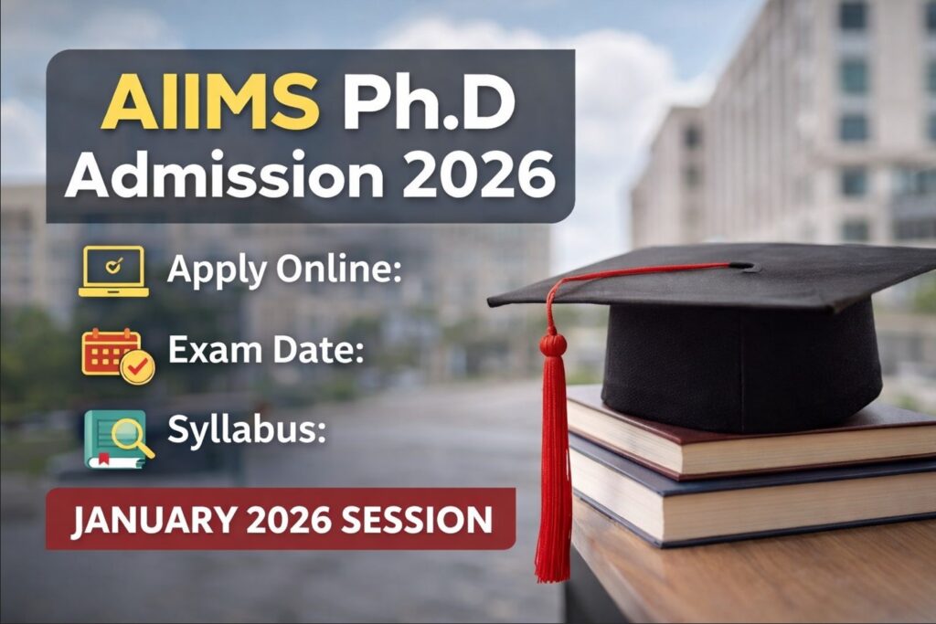 AIIMS Ph.D Admission 2026 featured image showing apply online details, exam date and syllabus for January 2026 session