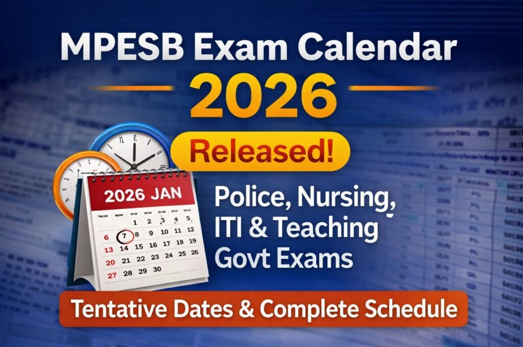 MPESB Exam Calendar 2026 showing tentative dates for Police, Nursing, ITI and Teaching exams in Madhya Pradesh