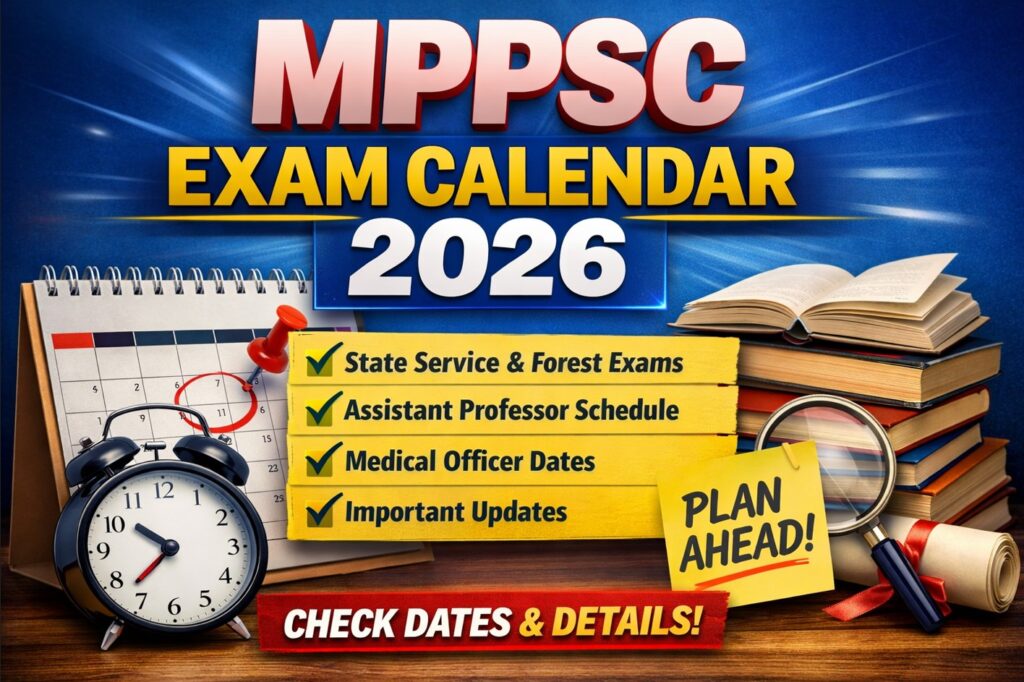 MPPSC Exam Calendar 2026 showing exam dates for State Service, Assistant Professor, Medical Officer and other MPPSC exams