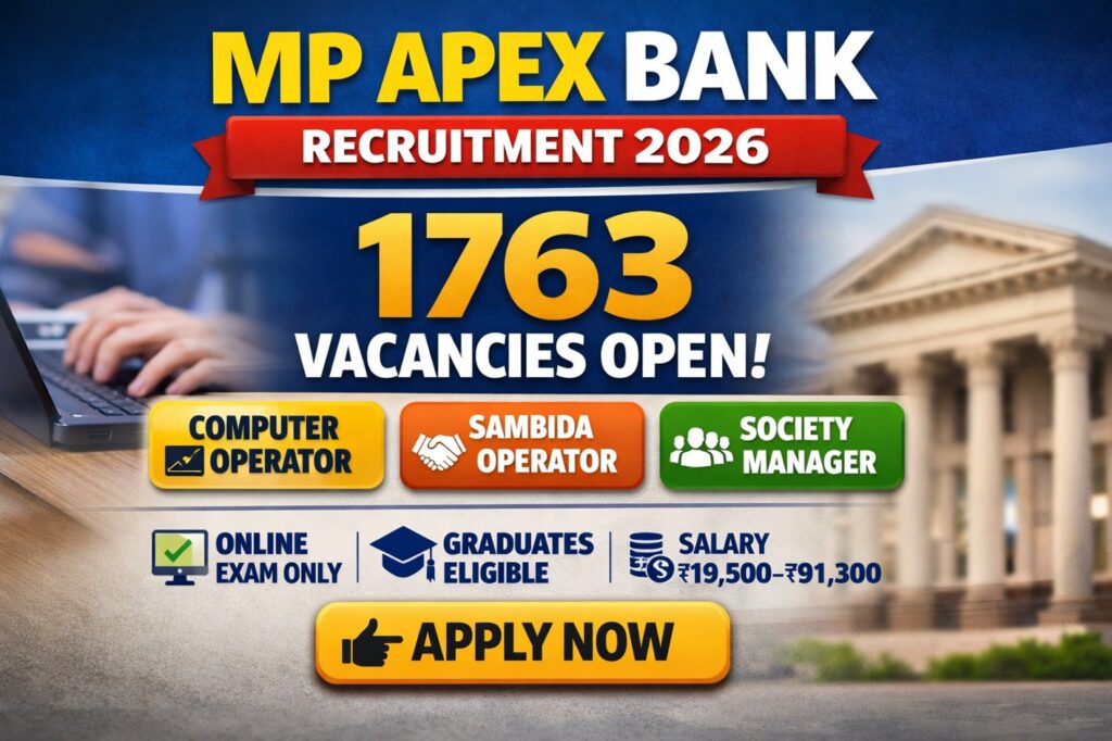 MP Apex Bank Recruitment 2026 notification for 1763 Computer Operator, Sambida Operator and Society Manager posts in Madhya Pradesh
