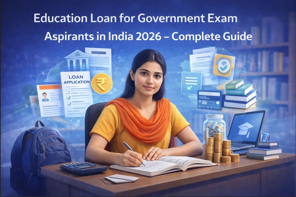 Education loan for government exam aspirants in India showing student preparing with books, laptop and loan documents in 2026