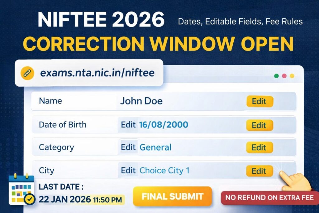 NIFTEE 2026 correction window open showing application form editable fields and last date