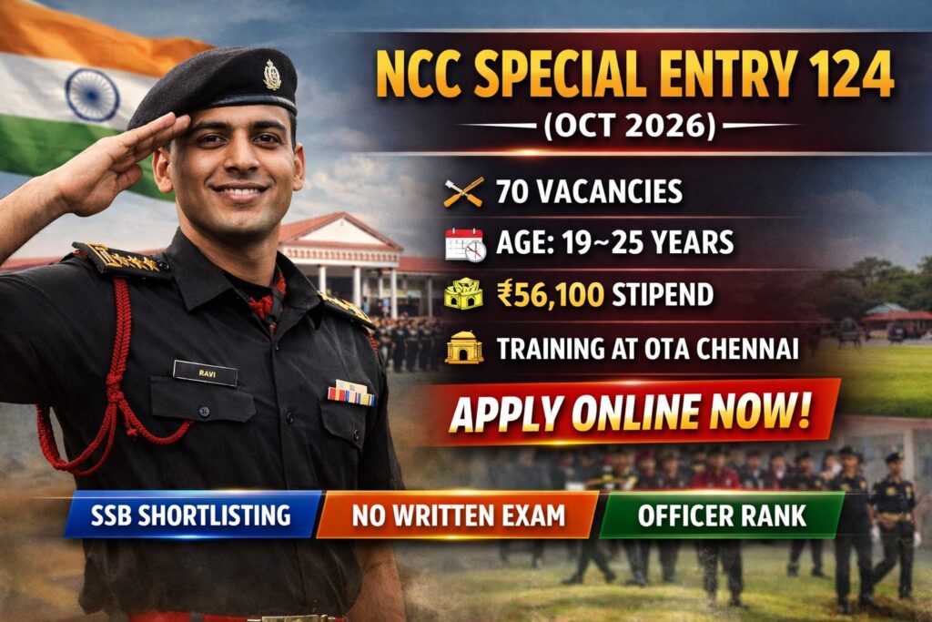 Indian Army NCC Special Entry 124 Oct 2026 notification with 70 vacancies, age 19-25 years, ₹56100 stipend and OTA Chennai training details.