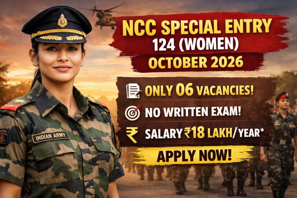 NCC Special Entry 124 Women October 2026 notification banner showing Indian Army officer, 06 vacancies, no written exam and salary ₹18 lakh per year