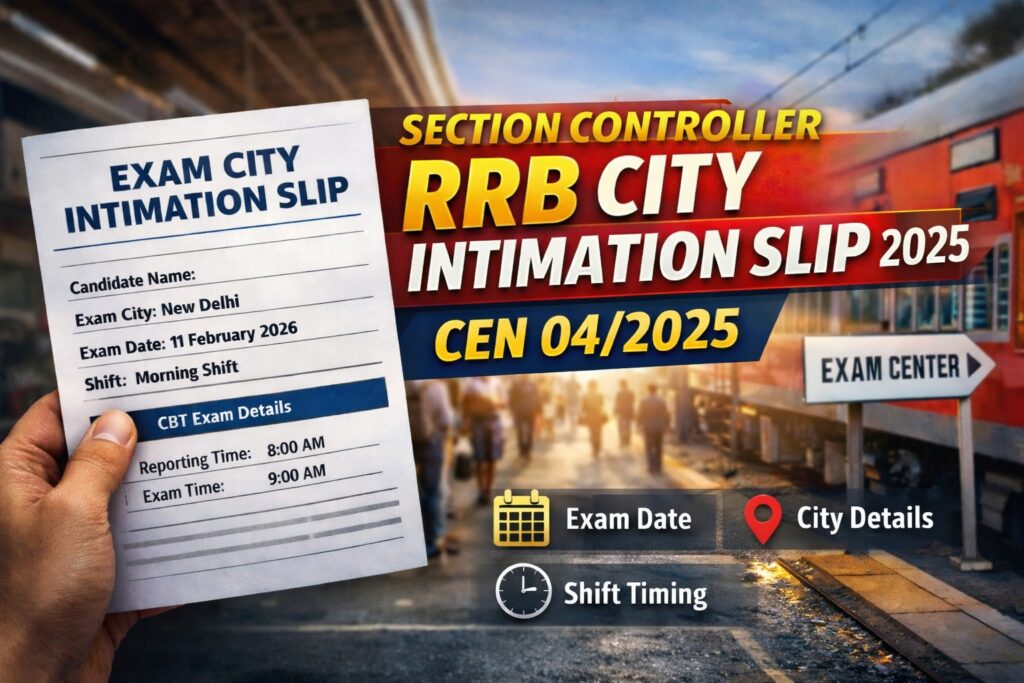 RRB Section Controller City Intimation Slip 2025 released for CEN 04/2025 CBT exam showing exam city, date and shift details