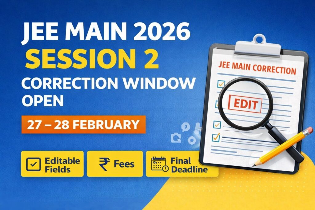 JEE Main 2026 Session 2 correction window open from 27 to 28 February showing editable fields, fees and final deadline details