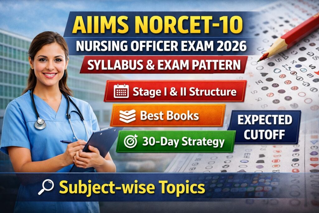 AIIMS NORCET 10 Syllabus 2026 and Exam Pattern featured image showing Stage I and II structure, best books, 30-day strategy and expected cutoff