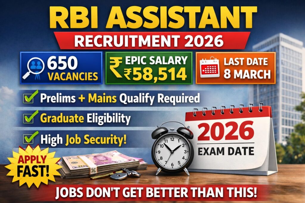 RBI Assistant Recruitment 2026 notification with 650 vacancies, ₹58,514 salary and last date 8 March