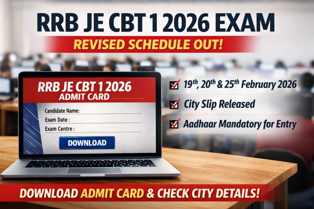 RRB JE CBT 1 Exam Date 2026 revised schedule with admit card and city intimation update