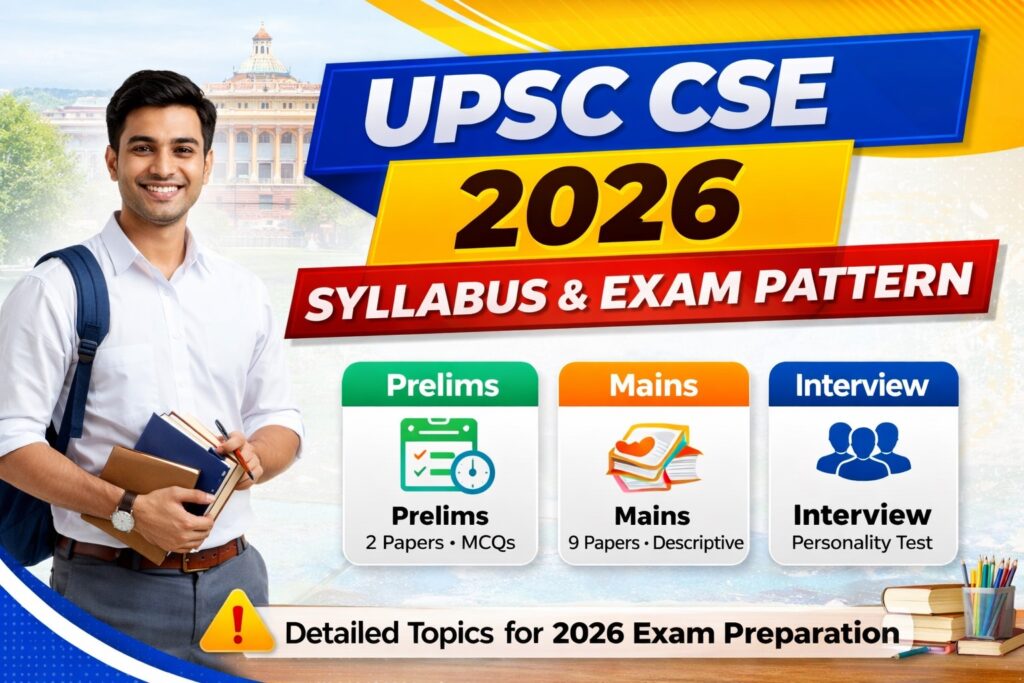 UPSC CSE 2026 syllabus and exam pattern showing prelims, mains and interview stages