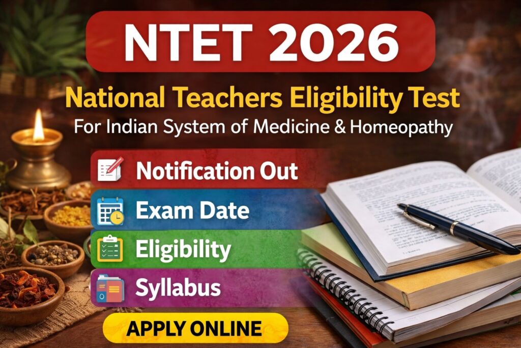 NTET 2026 notification for National Teachers Eligibility Test showing exam date, eligibility, syllabus and apply online details