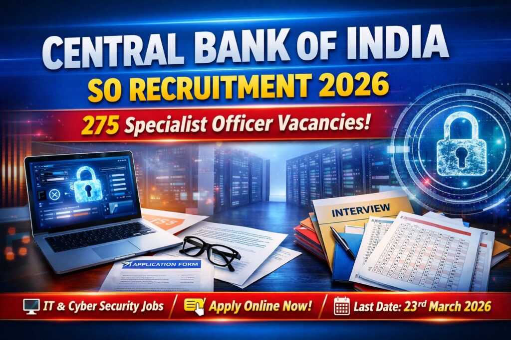 Central Bank of India SO Recruitment 2026 featured image showing 275 Specialist Officer vacancies for IT and Cyber Security posts
